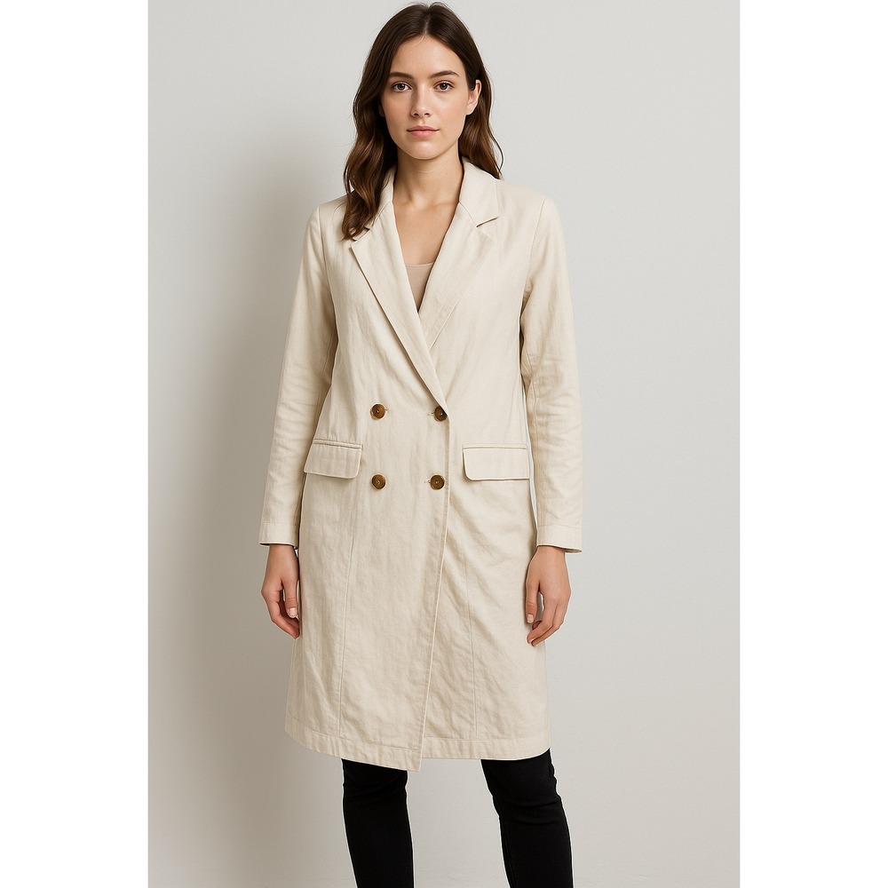 PRIMA Cream Double Breasted Long Sleeve Midi Trench Coat Blazer XS Linen